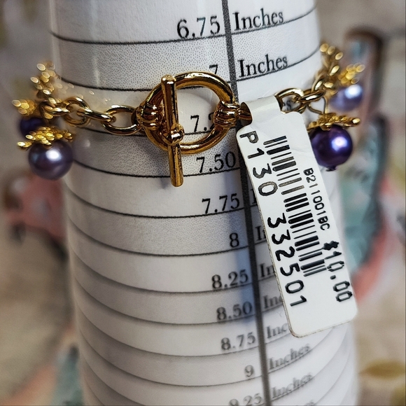 Worthington Faux Pearl Purple White Gold Tone Link Chain Toggle Bracelet NWT - Picture 3 of 6